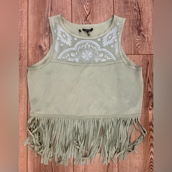 Buffalo by David Bitton Sage Suede-Look Fringe Tank — Embroidered Yoke • medium - Picture 1 of 8